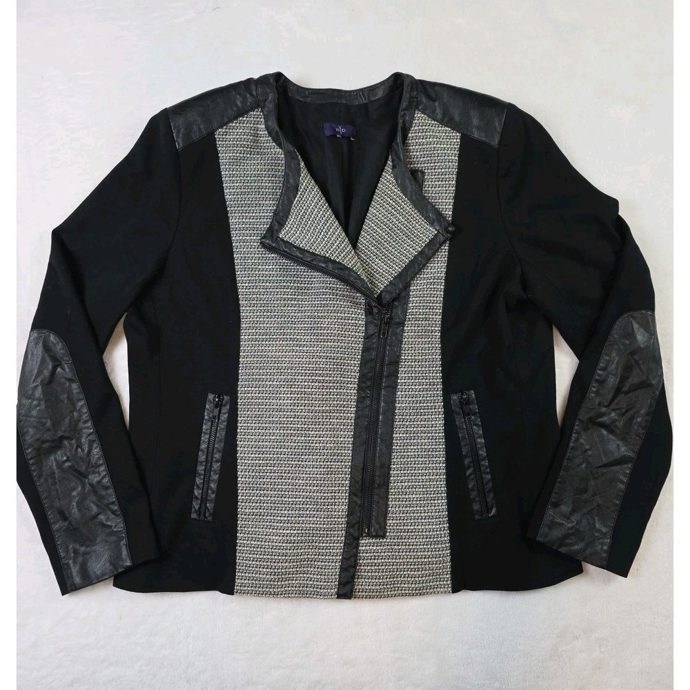 Nydj Ponte Tweed Jacket Blazer Faux Leather Trim Black XLarge Asymmetrical Zip